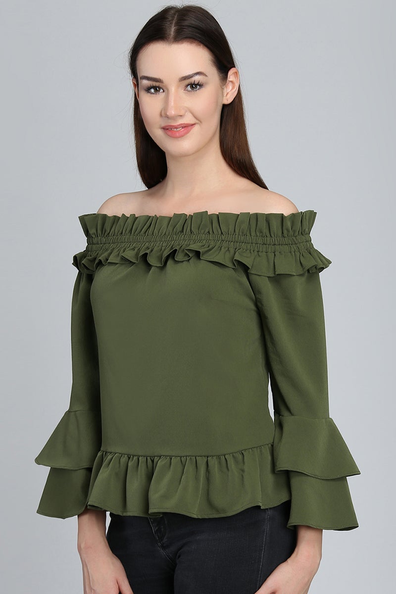 Green Medium Length Off-Shoulder Polyester Top