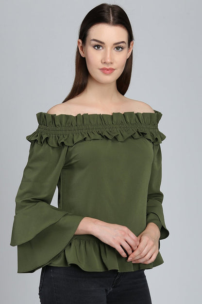 Green Medium Length Off-Shoulder Polyester Top