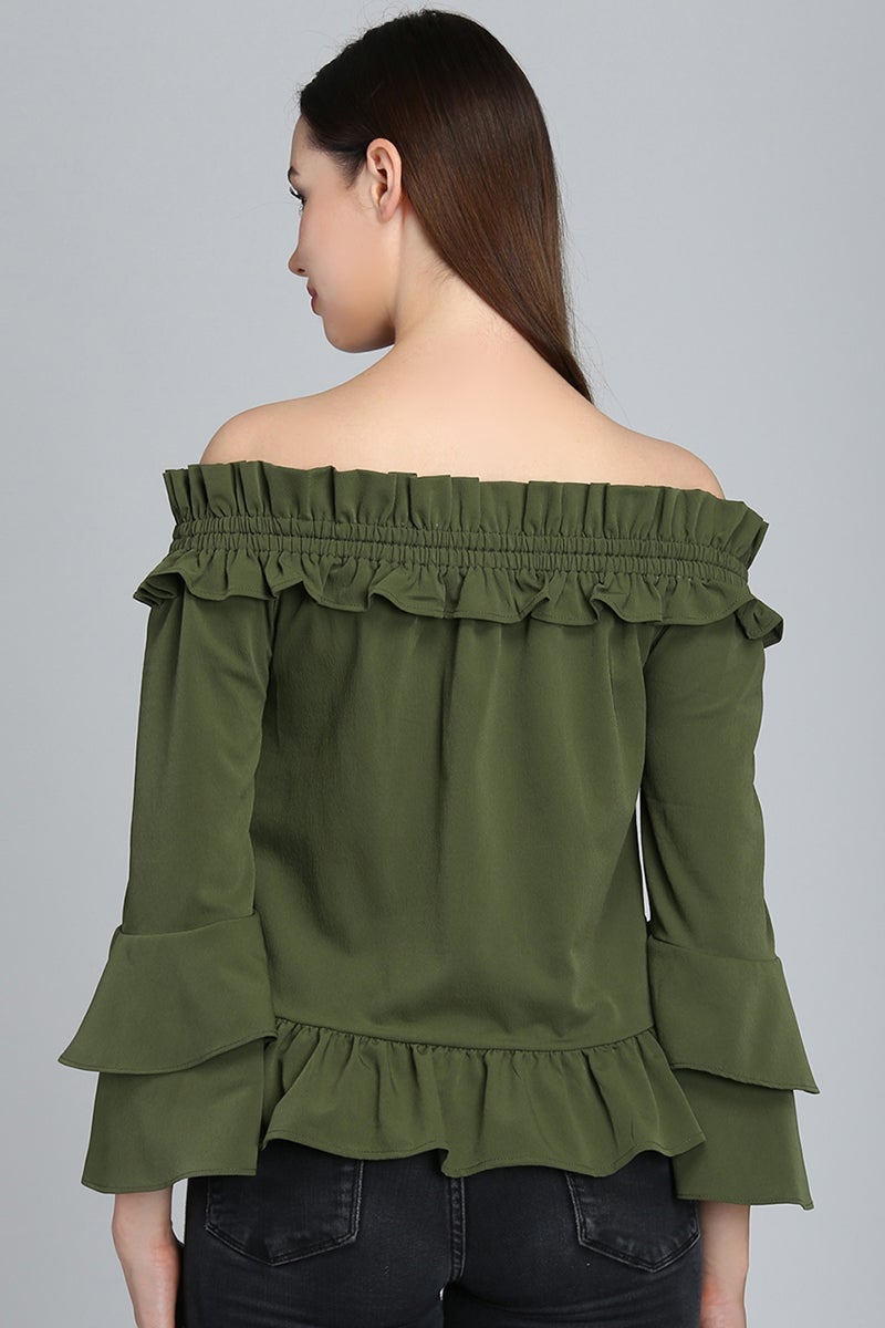 Green Medium Length Off-Shoulder Polyester Top