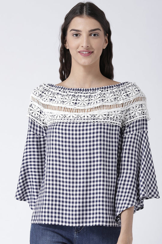 Blue Medium Length Boat Neck Cotton Top