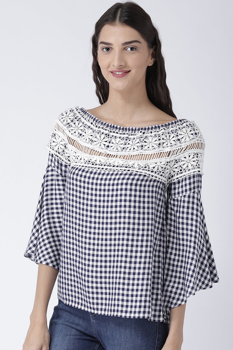 Blue Medium Length Boat Neck Cotton Top