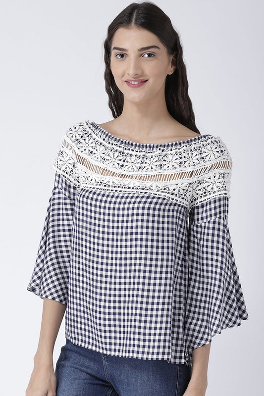 Blue Medium Length Boat Neck Cotton Top