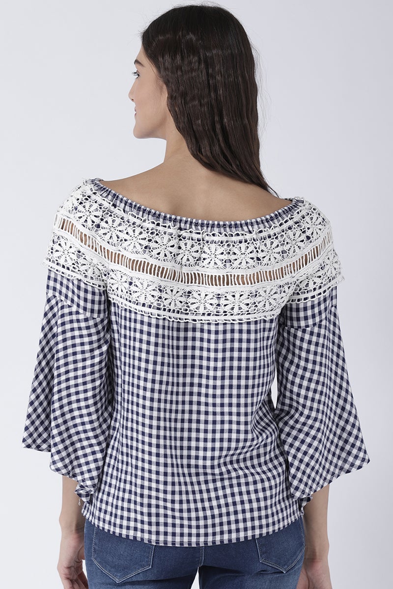 Blue Medium Length Boat Neck Cotton Top