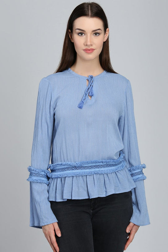 Blue Medium Length Tie-Up Cotton Top