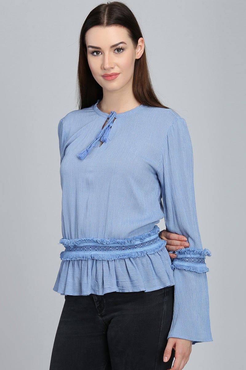 Blue Medium Length Tie-Up Cotton Top