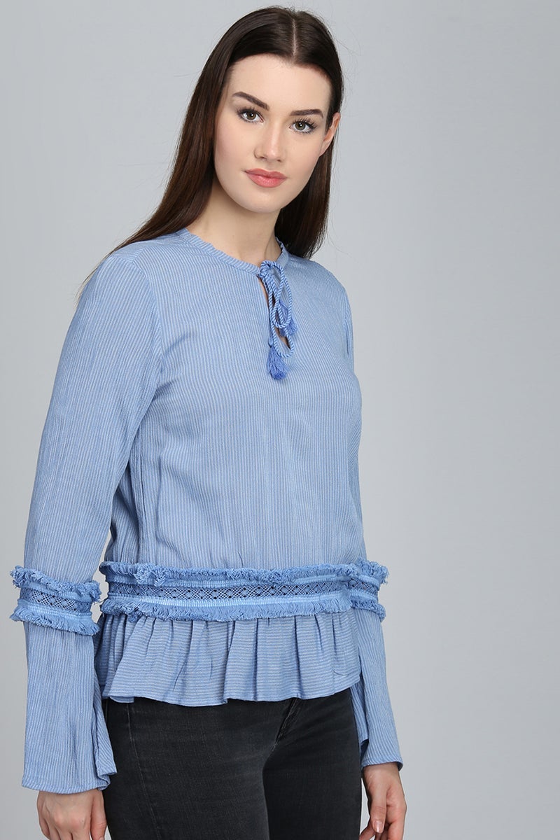 Blue Medium Length Tie-Up Cotton Top