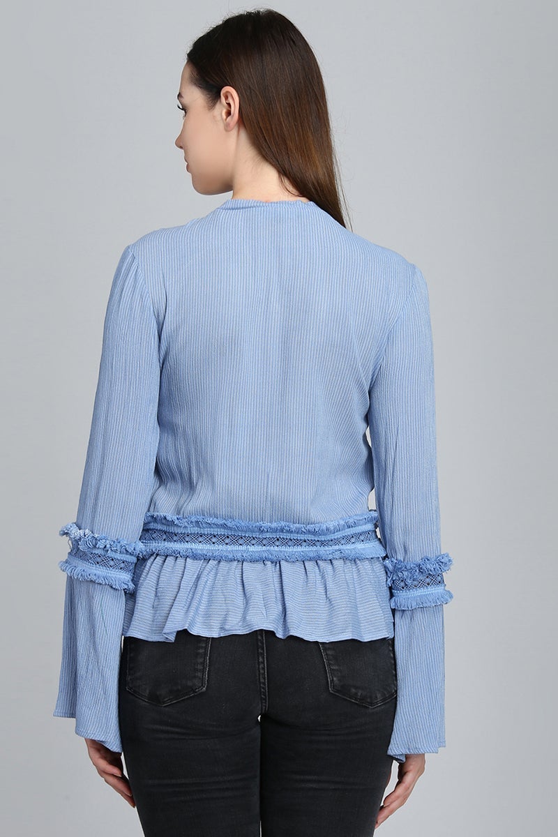 Blue Medium Length Tie-Up Cotton Top