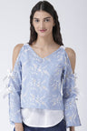 Blue Medium Length V-Neck Cotton Top