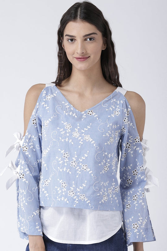 Blue Medium Length V-Neck Cotton Top