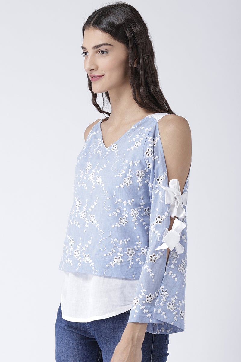 Blue Medium Length V-Neck Cotton Top
