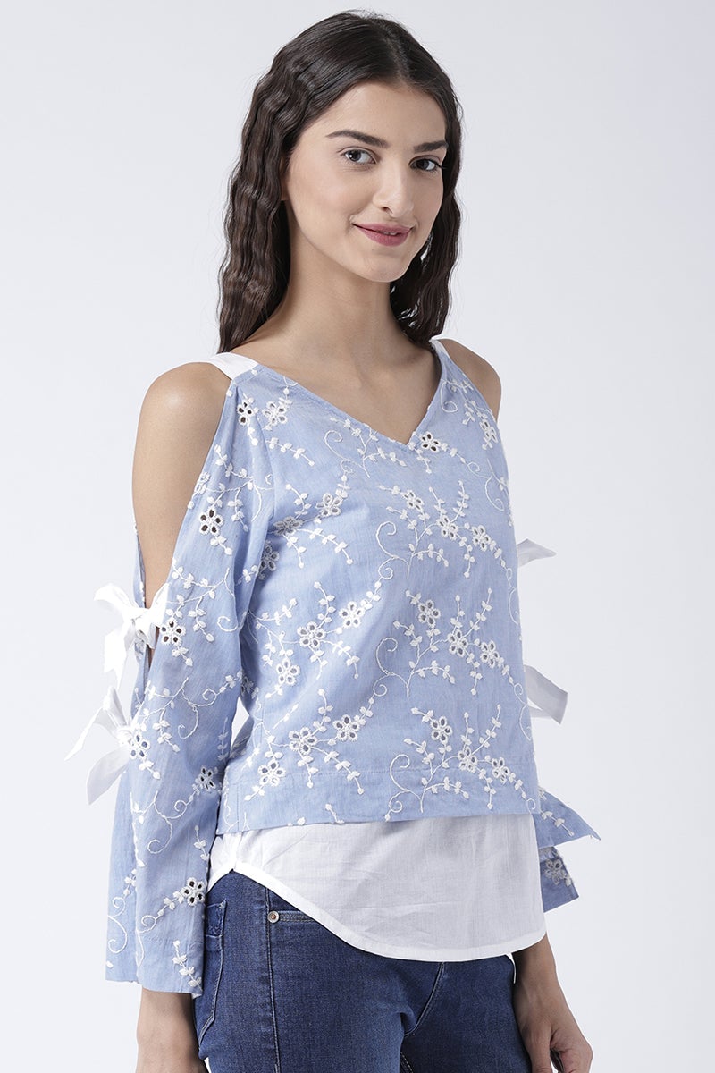 Blue Medium Length V-Neck Cotton Top