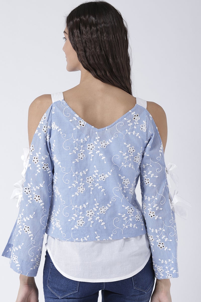 Blue Medium Length V-Neck Cotton Top