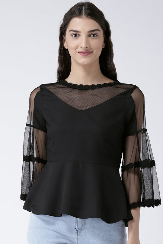 Black Medium Length Boat Neck Polyester Top