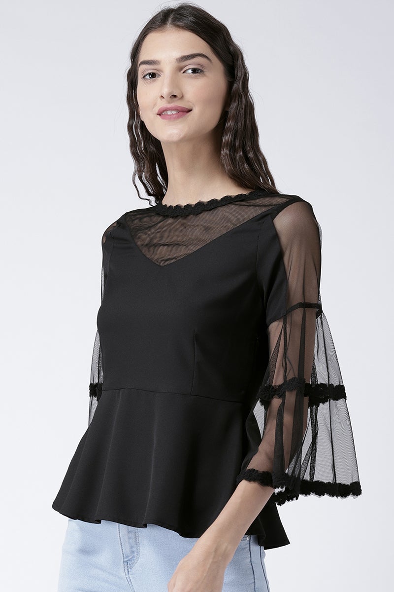 Black Medium Length Boat Neck Polyester Top