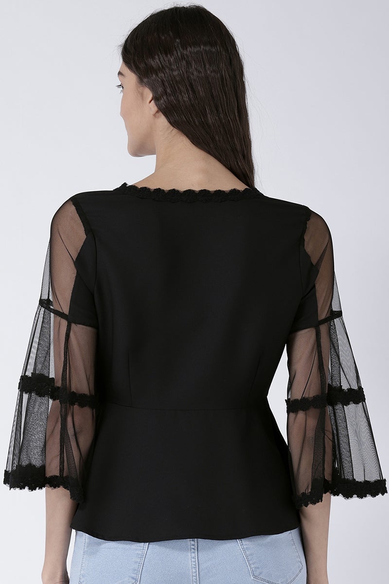 Black Medium Length Boat Neck Polyester Top