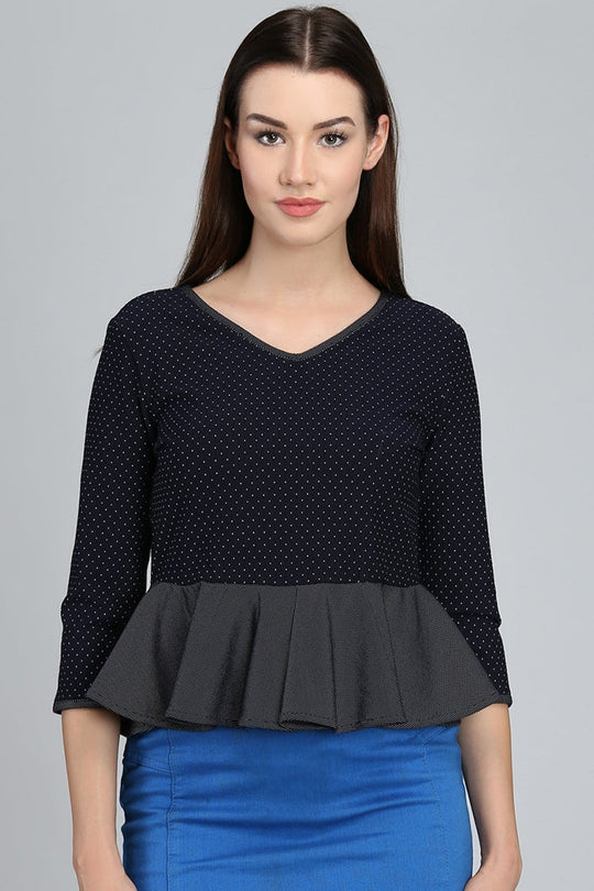 Navy Blue Medium Length V-Neck Cotton/Poly Top