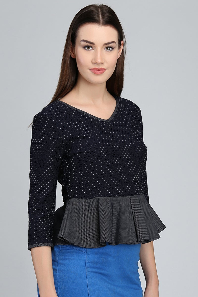 Navy Blue Medium Length V-Neck Cotton/Poly Top
