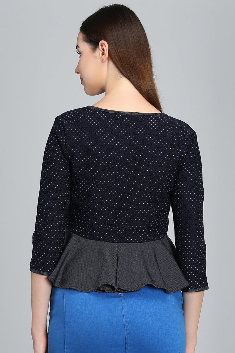 Navy Blue Medium Length V-Neck Cotton/Poly Top