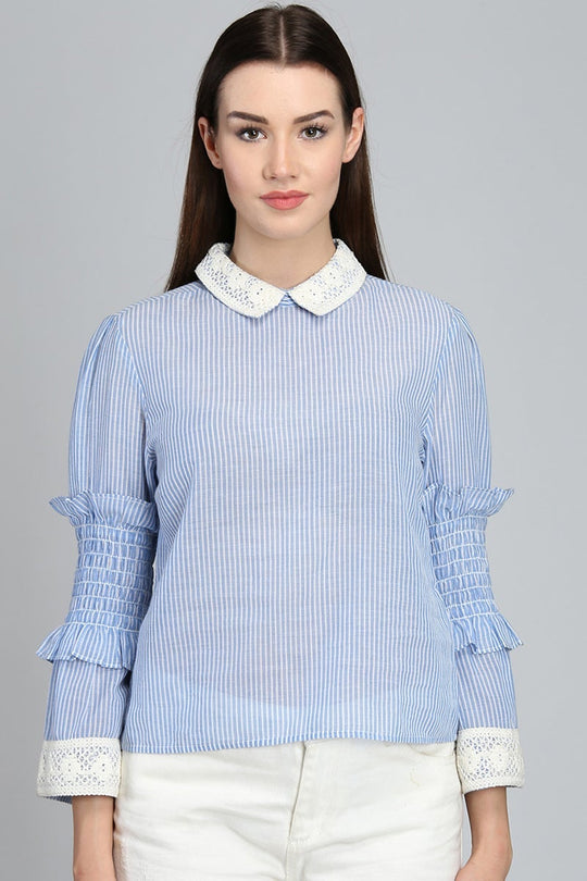 Blue Medium Length Peter Pan Collar Cotton Top