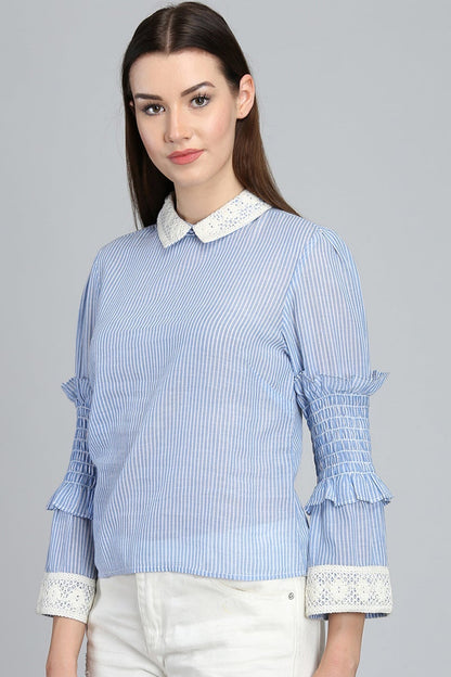 Blue Medium Length Peter Pan Collar Cotton Top
