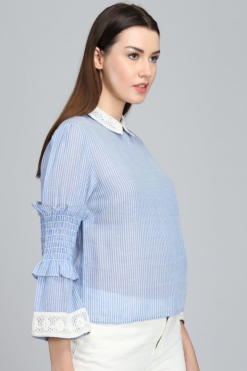 Blue Medium Length Peter Pan Collar Cotton Top