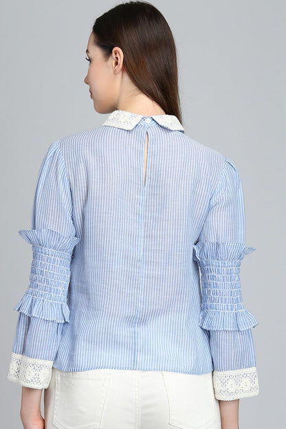 Blue Medium Length Peter Pan Collar Cotton Top