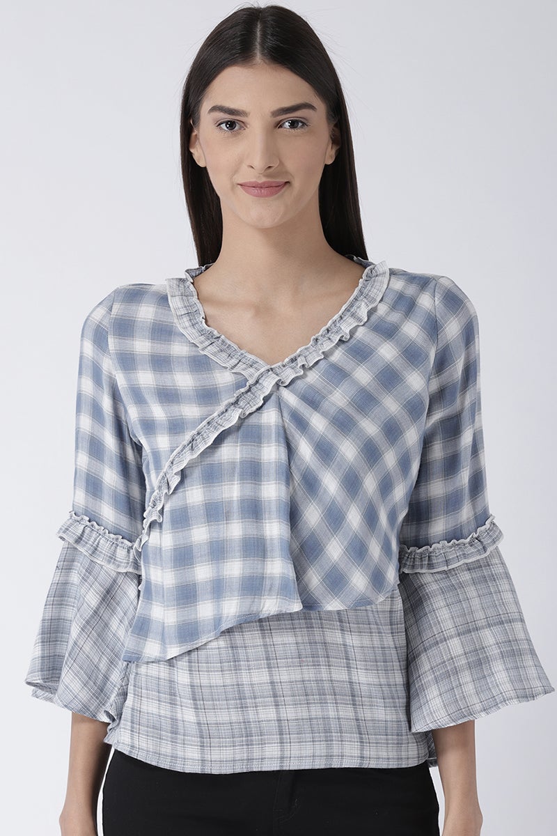 Blue Medium Length V-Neck Synthetic Top