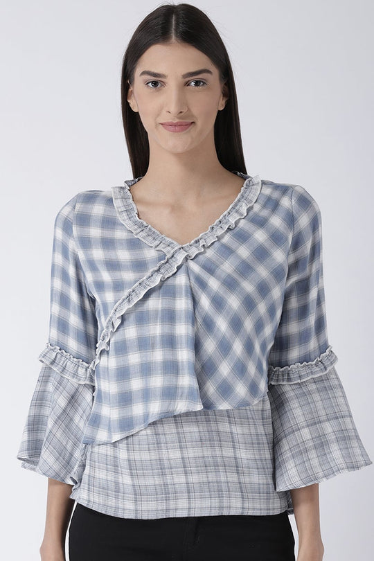 Blue Medium Length V-Neck Synthetic Top