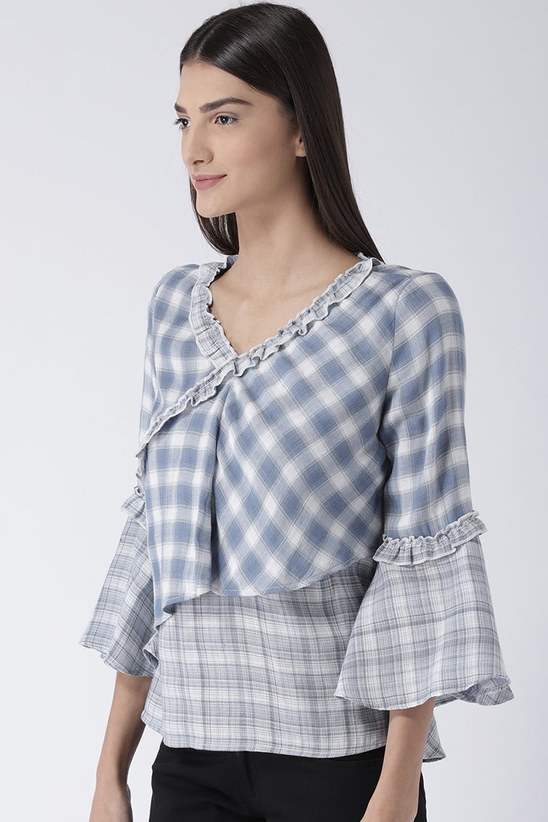 Blue Medium Length V-Neck Synthetic Top