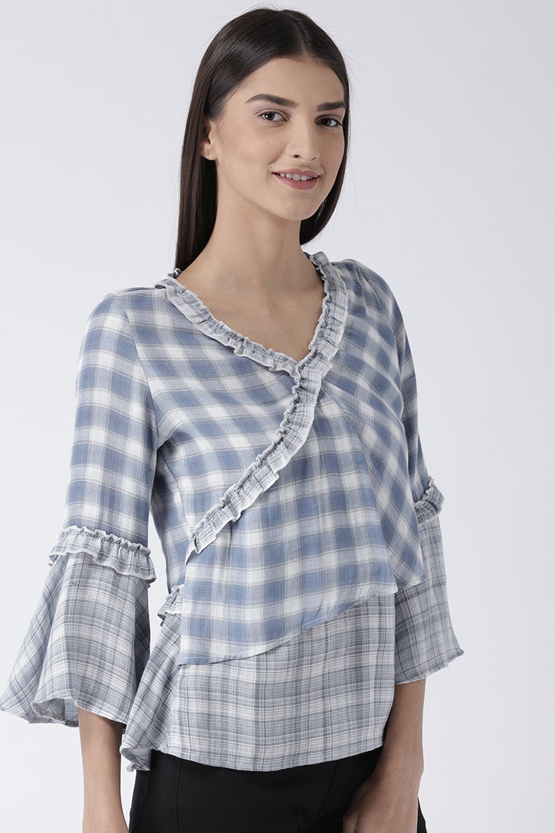 Blue Medium Length V-Neck Synthetic Top