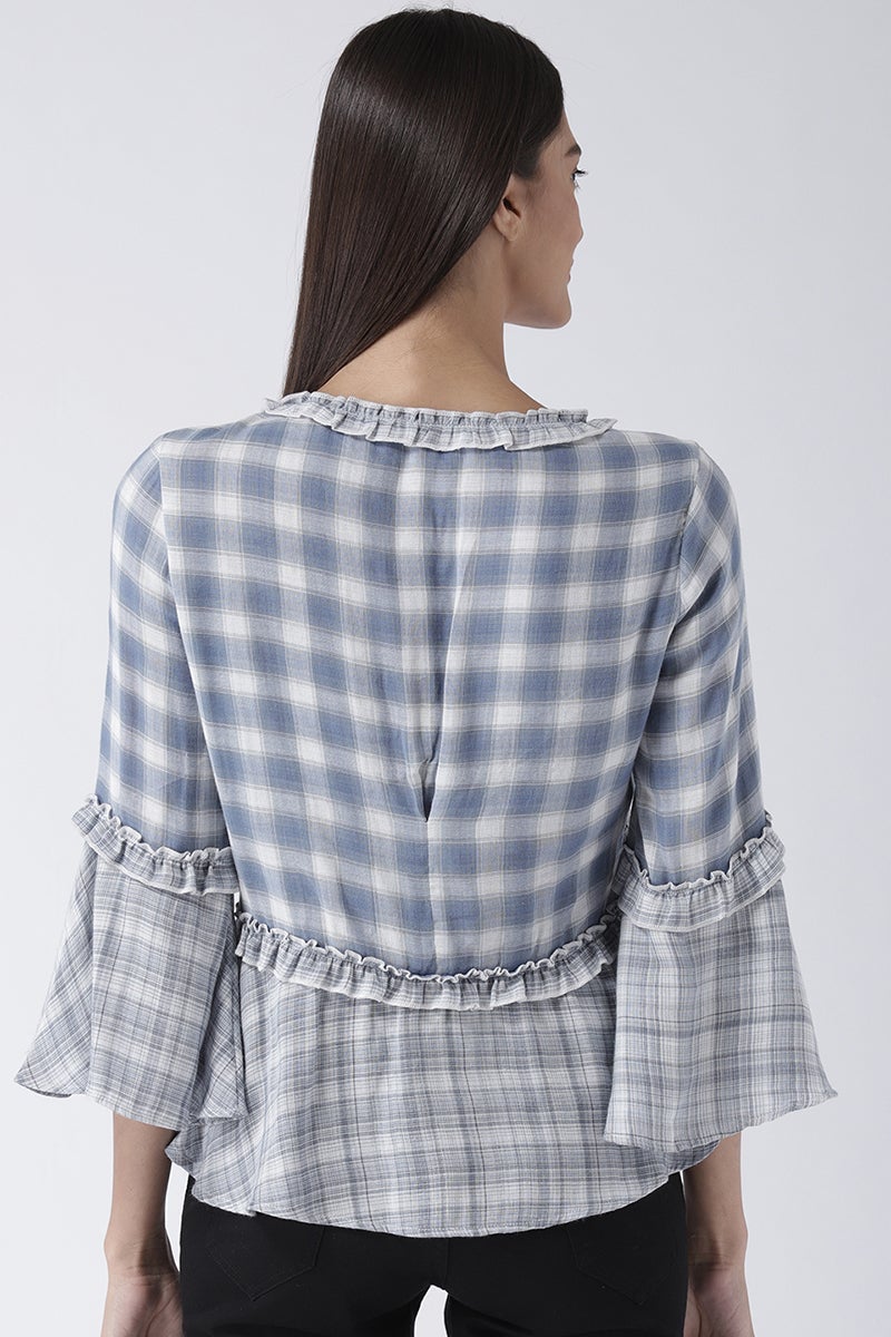 Blue Medium Length V-Neck Synthetic Top