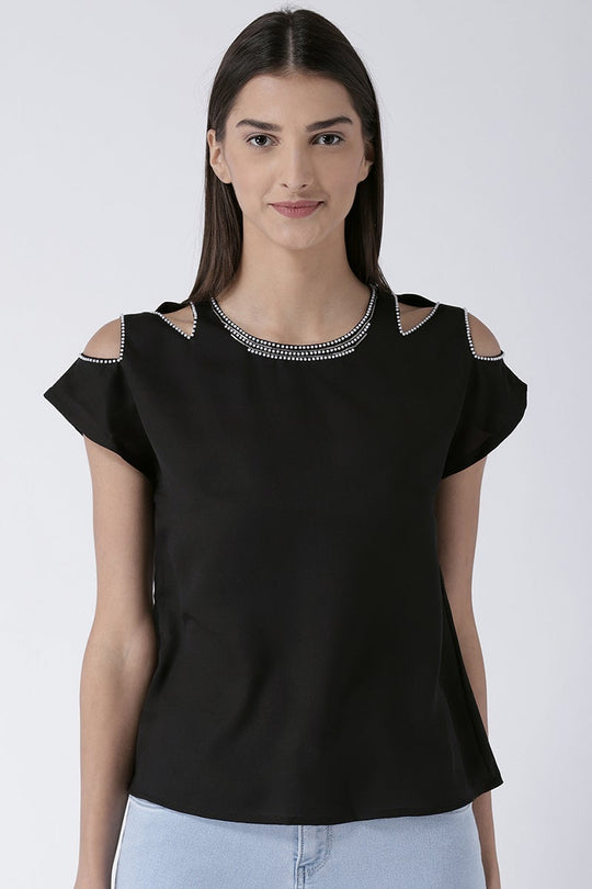Black Medium Length Round Neck Polyester Top