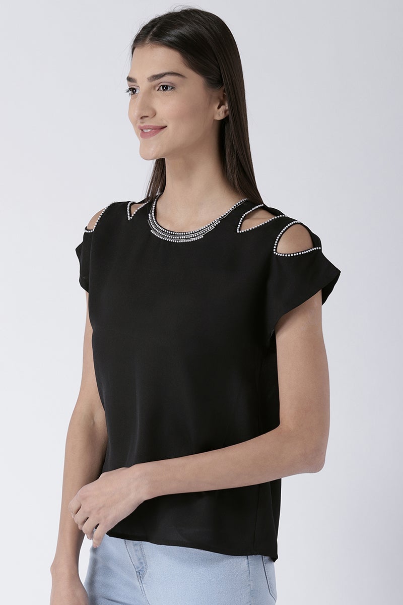 Black Medium Length Round Neck Polyester Top
