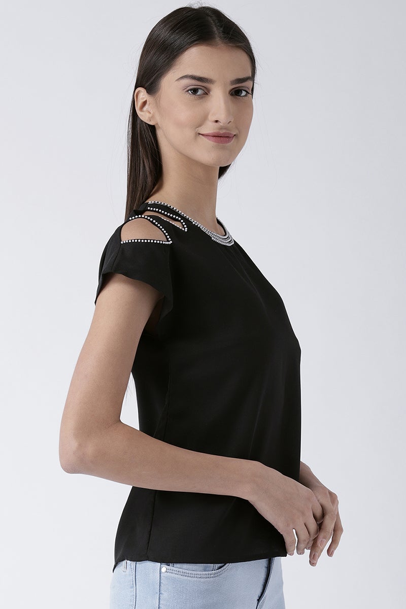 Black Medium Length Round Neck Polyester Top