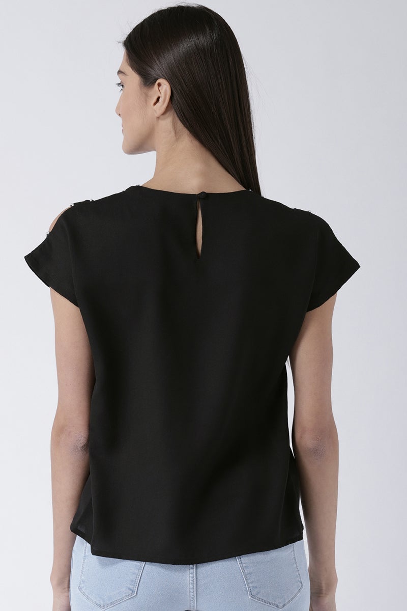 Black Medium Length Round Neck Polyester Top