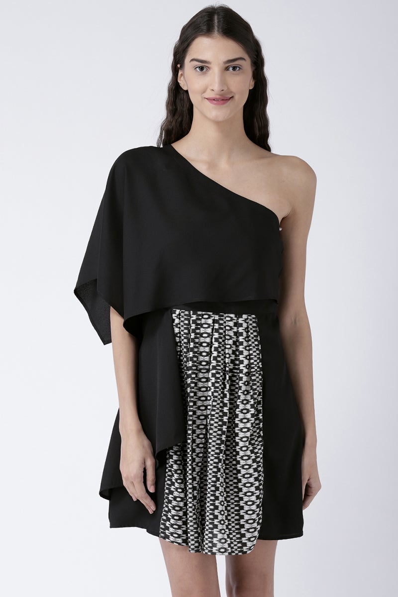 Black Above Knee Length One Shoulder Rayon Printed Dress