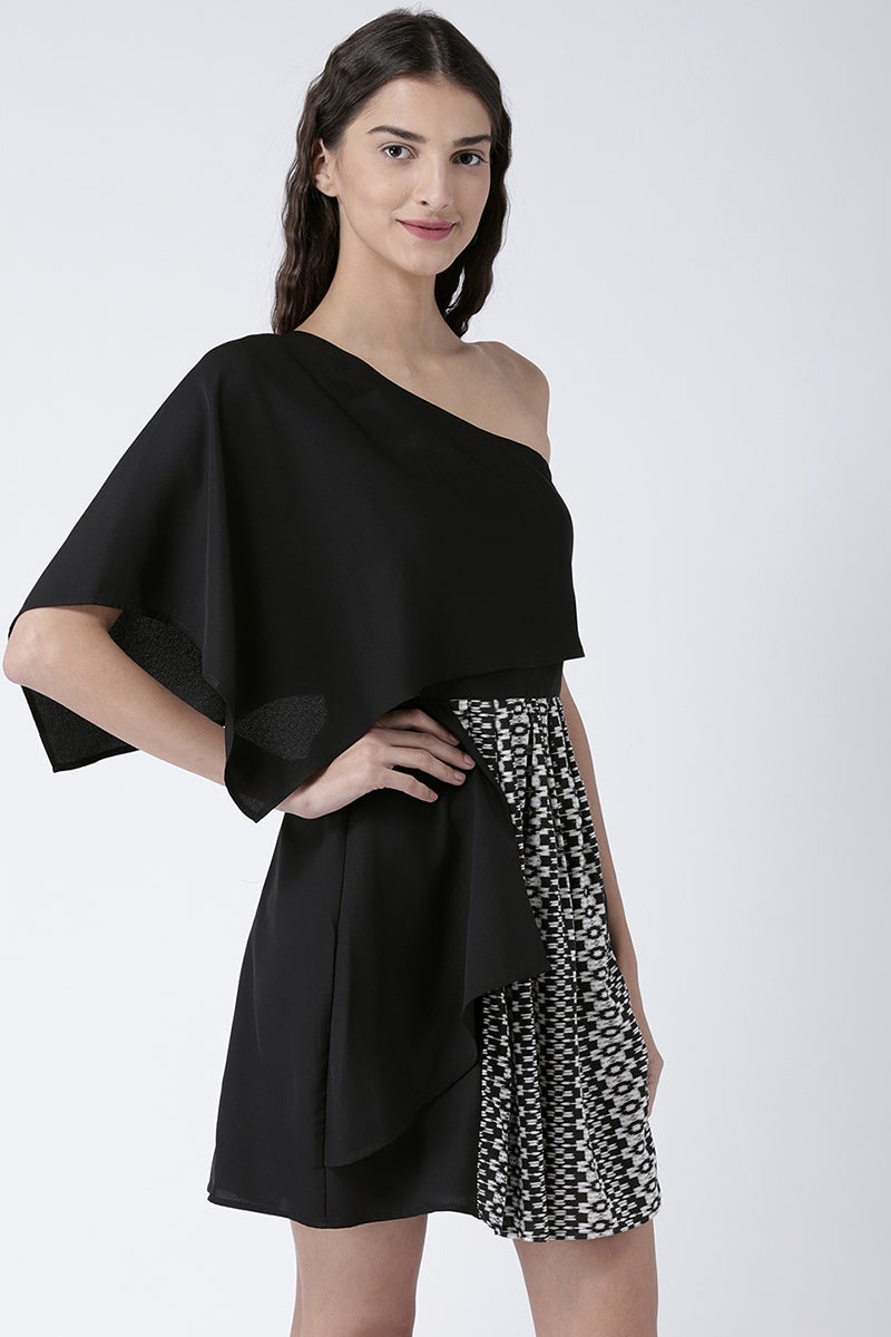 Black Above Knee Length One Shoulder Rayon Printed Dress