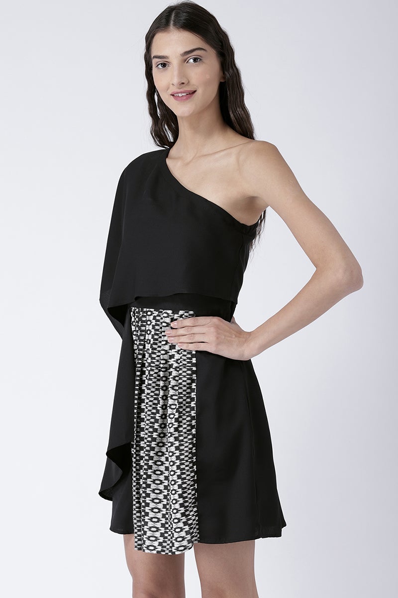 Black Above Knee Length One Shoulder Rayon Printed Dress