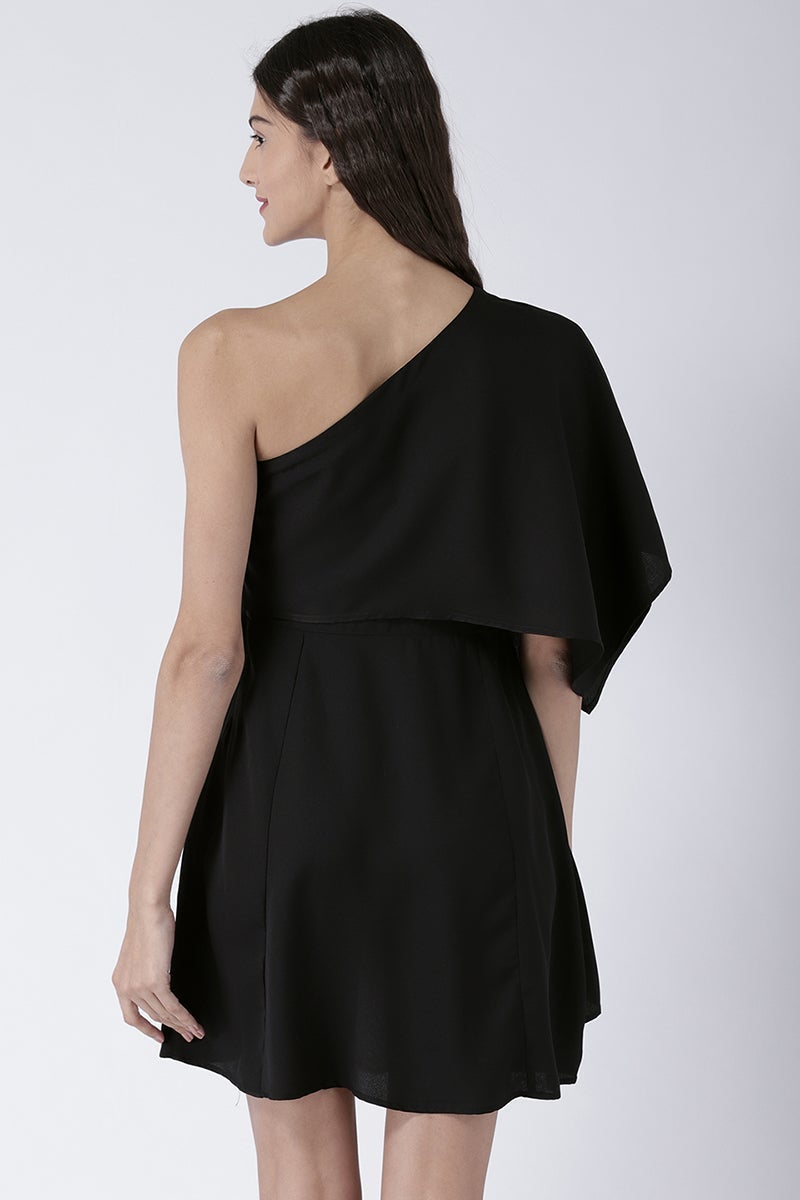 Black Above Knee Length One Shoulder Rayon Printed Dress