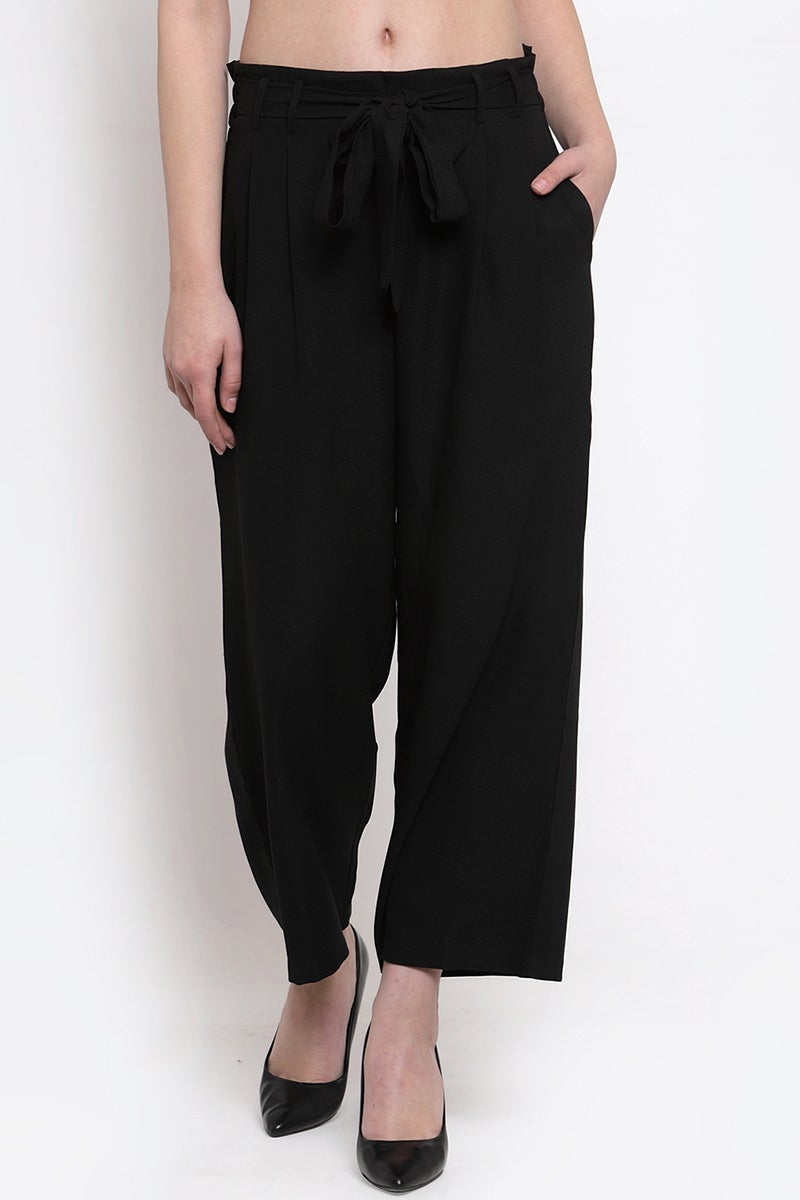Black Ankle Length Solid Polyester Pant