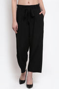Black Ankle Length Solid Polyester Pant