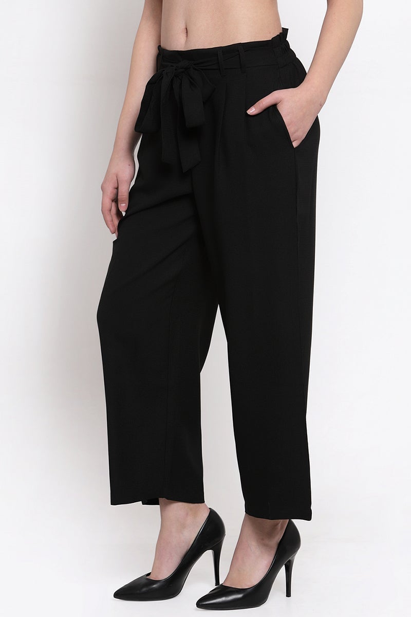 Black Ankle Length Solid Polyester Pant