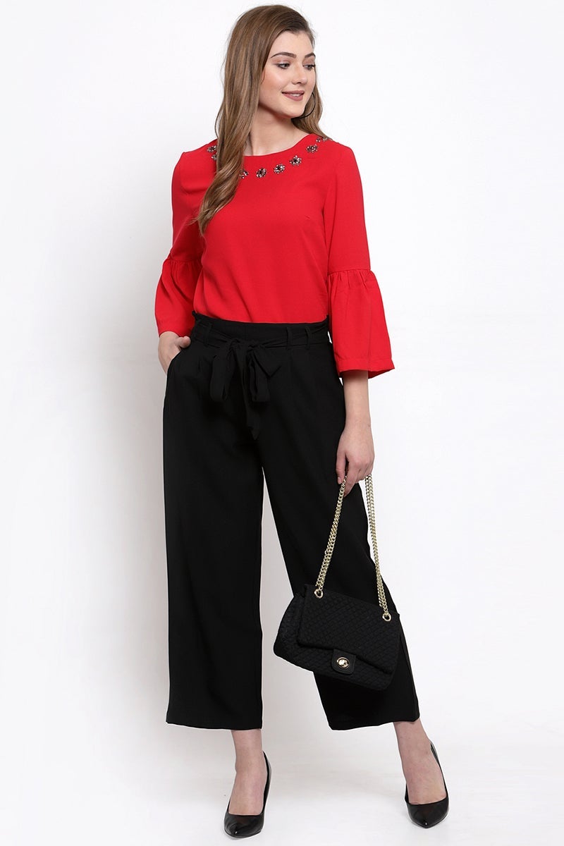 Black Ankle Length Solid Polyester Pant