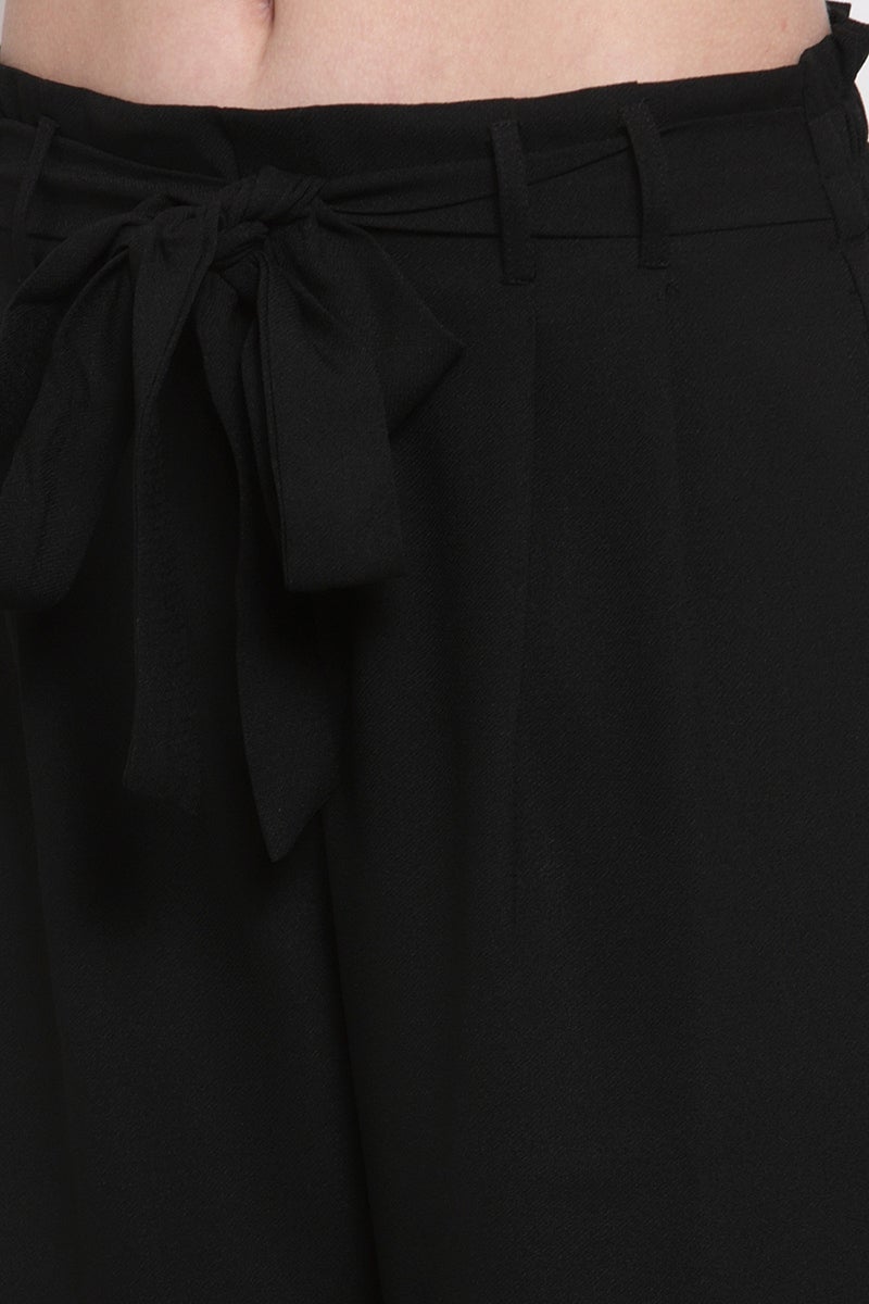 Black Ankle Length Solid Polyester Pant