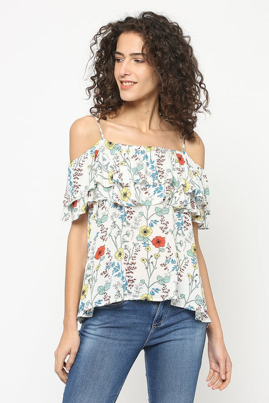 Cream Medium Length Square Neck Polyester Blouse