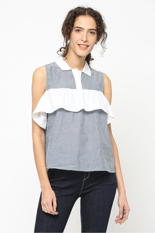 Gipsy Women Blue Strip Collar Neck Sleeveless Top