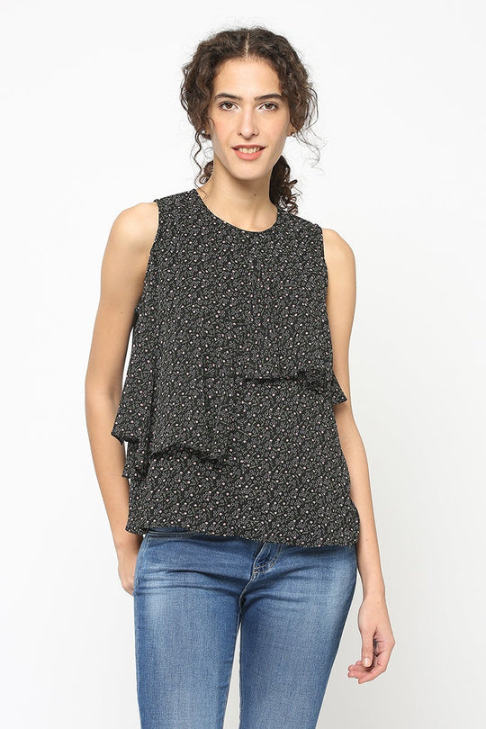 Black Medium Length Round Neck Polyester Blouse