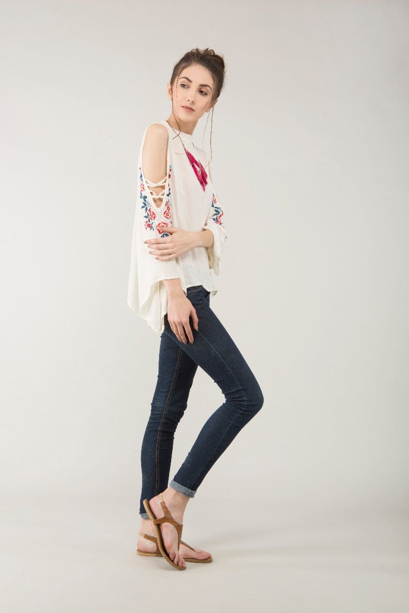 Cold Shoulder Lace-Up Embroidered Sleeve Top