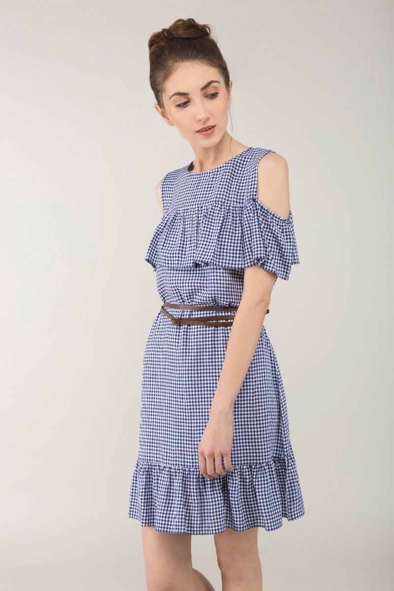 Printed Cold Shoulder Frill Dress