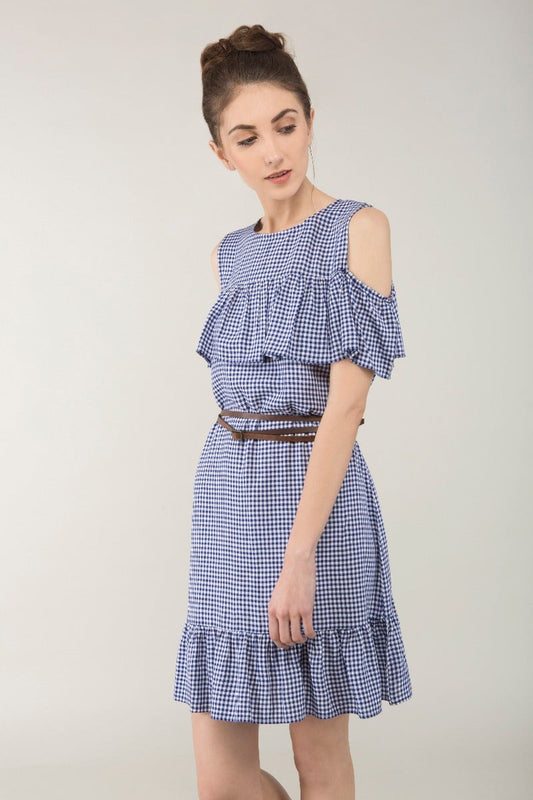 Printed Cold Shoulder Frill Dress